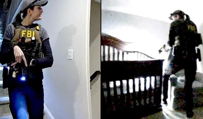 Shocking images appear to show FBI agent with gun drawn raiding bedroom of J6 protester's baby