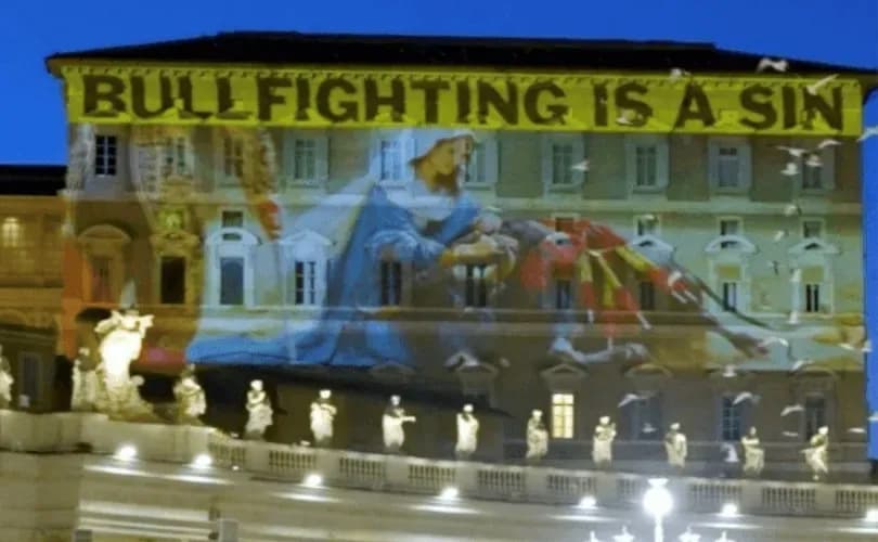 PETA protestors project AI image of Jesus rebuking bullfighter at the Vatican