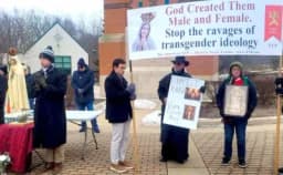 Thumbnail for 100 Catholics hold Rosary rally at university that refuses to remove blasphemous mockery of Our Lady